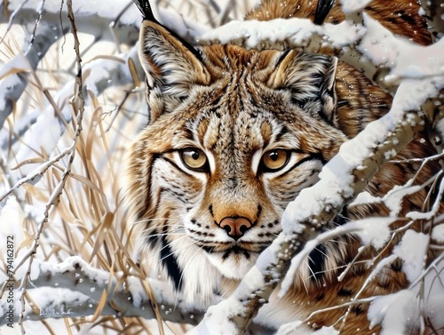 A lynx is hiding in the snow-covered forest