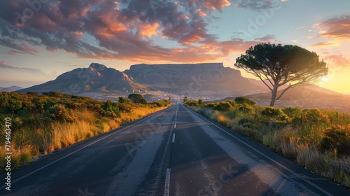 A road with a tree on the side and a mountain in the background. The sky is orange and the sun is setting photo