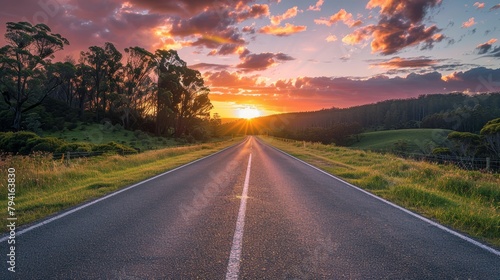 A road with a sunset in the background. The sky is orange and the sun is setting. The road is empty and there are no cars on it