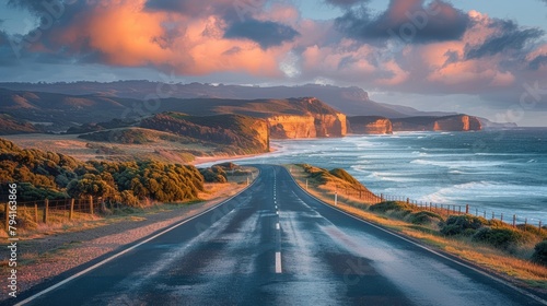 A road with a beautiful view of the ocean. The road is wet and the sky is cloudy