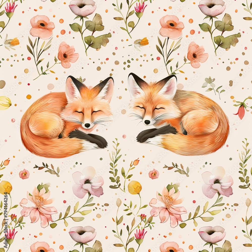 Fototapeta premium Lovely, pretty pattern of foxes and flowers, leaves. For fabric, silk, printing.