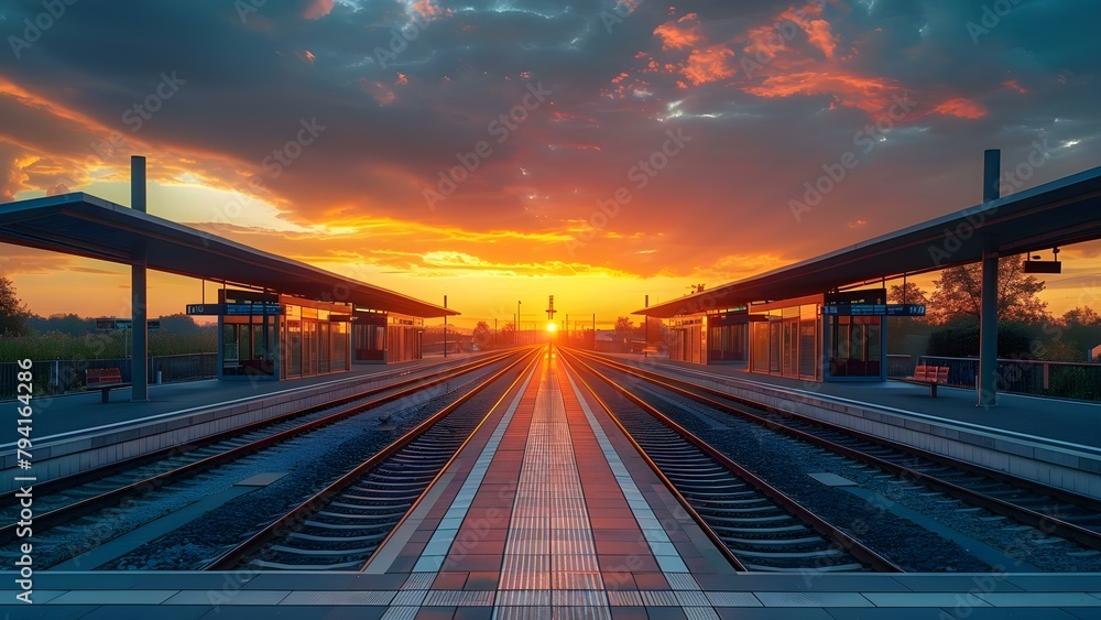 Beautiful sunset at a modern railway station with vintage transit vibes. Concept Sunset Photography, Railway Station, Vintage Vibes, Modern Architecture, Transit Aesthetics