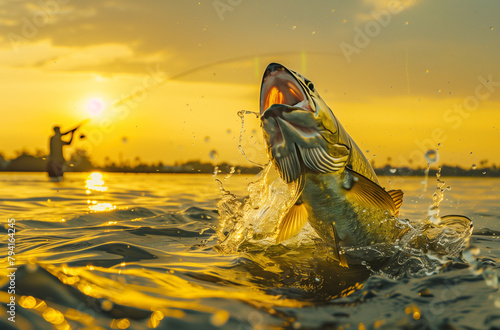 A big fish leaps out of the water at sunset, with an angler in the background - an epic moment of sport fishing.