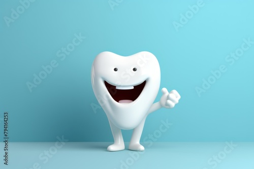 Tooth character with thumbs up on blue background. 3d illustration. Dental Concept with Copy Space.