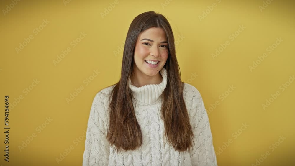 Blinking her eye, a young, beautiful hispanic woman commanding the camera's attention with a playful wink. standing against a cutout yellow wall, her warm sweater complements her cheerful vibe. Blinking her eye, a young, beautiful hispanic woman commanding the camera's attention with a playful wink. standing against a cutout yellow wall, her warm sweater complements her cheerful vibe.