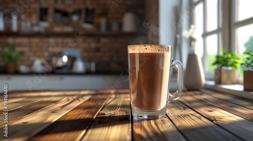 Steaming Coffee in Glass Mug on Sunlit Wooden Table 