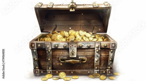 An open chest with gold on a light background illustration