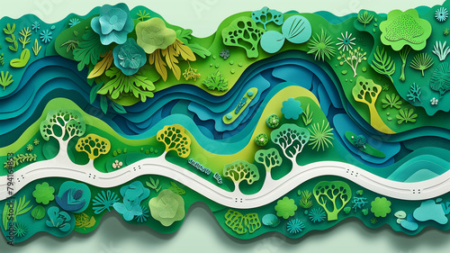 A paper cutout of a river with trees and a boat