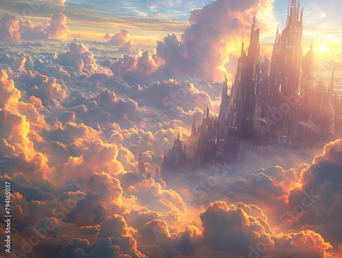 A beautiful, colorful sky with a castle in the distance. The castle is surrounded by clouds and the sky is filled with a warm, orange glow