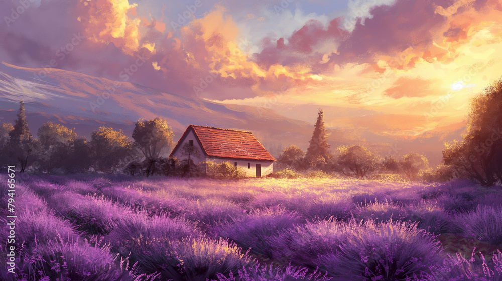 A painting of a house in a field of lavender A painting of a house in a field of lavender