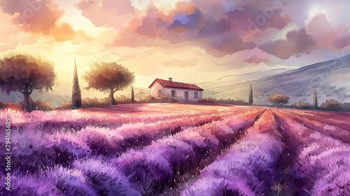 A painting of a field of lavender with a house in the background photo