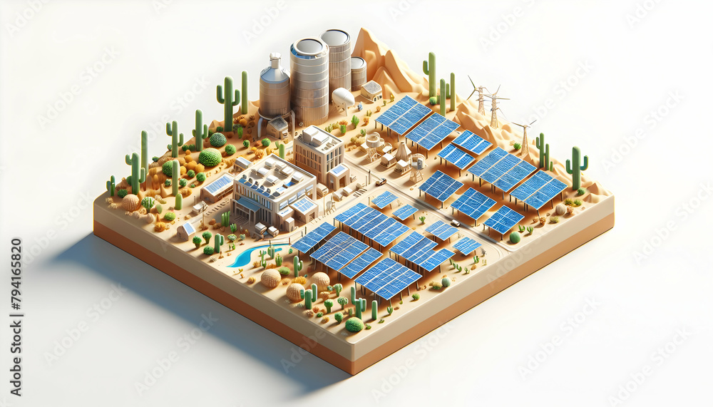 3D Icon: Desert Dynamics - A desert landscape with solar farms and sustainable living communities in Zero Waste set 3D Icon: Desert Dynamics - A desert landscape with solar farms and sustainable living communities in Zero Waste set
