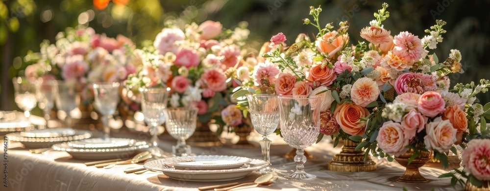 Elegant pink and gold table setting: sophisticated decor, fine china, and abundant florals, adding glamour to an alfresco wedding reception. Elegant pink and gold table setting: sophisticated decor, fine china, and abundant florals, adding glamour to an alfresco wedding reception.