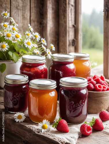 Assortment of summer seasonal berry and fruits jams in small jars, homemade preserving concept, marmalades or confitures with fresh berries jam jar, mix jam, various jams, type jam, different jams. Su
