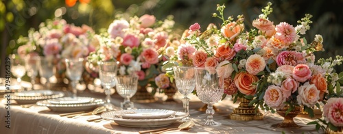 Elegant pink and gold table setting  sophisticated decor  fine china  and abundant florals  adding glamour to an alfresco wedding reception.