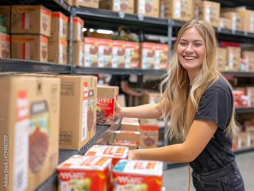A woman is smiling while standing in a store aisle with boxes of food. She is looking at a box of Hanes food photo
