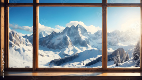 Alpine View Through Window Aperture: A Photo Real Image for Mountaineers and Ski Enthusiasts in Relax Area