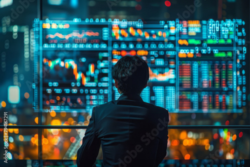 An image of a financial analyst at a large screen displaying global cyber threat levels and their po photo