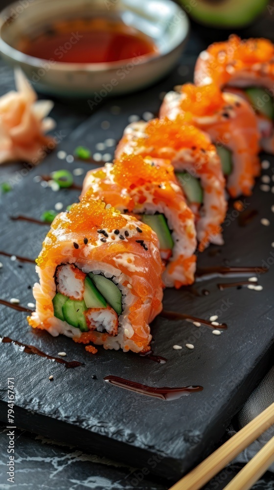 A sushi roll filled with cucumbers and sauce placed on a slate board A sushi roll filled with cucumbers and sauce placed on a slate board