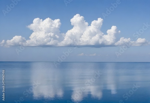 Calm blue ocean with white clouds reflected on the water surface