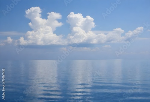 Calm blue ocean with white clouds reflected on the water surface
