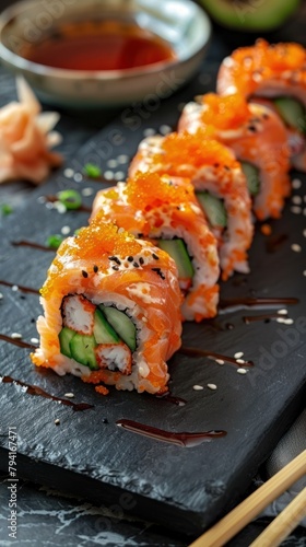 A sushi roll filled with cucumbers and sauce placed on a slate board