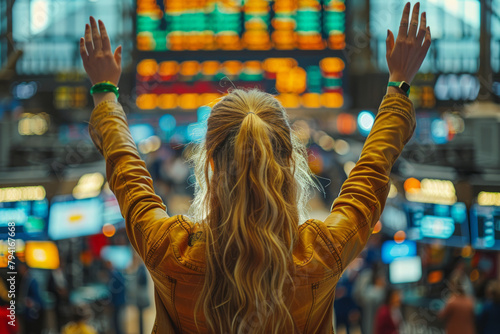 An image of a trader waving her hands to signal a large transaction, surrounded by the bustling acti