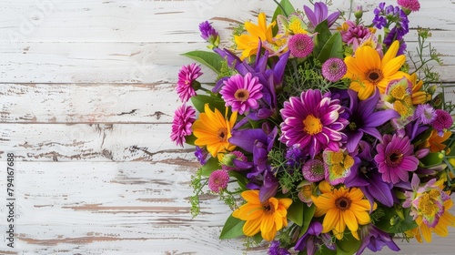 A vibrant and captivating spring bouquet featuring a stunning mix of colorful flowers in bright purple and yellow hues sits elegantly against a white wooden backdrop This decorative arrange
