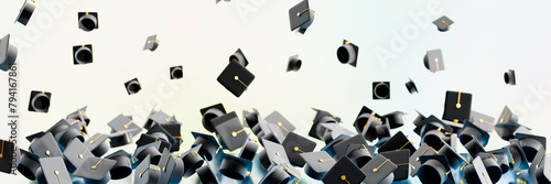Graduation caps thrown. Banner made of many hats.3d rendering