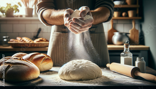 A baker sprinkling flour over a lump of bread dough on a kitchen counter