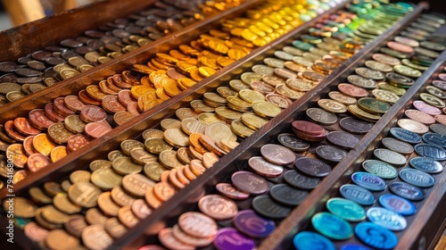 An image of a wooden box filled with many different types of coins.