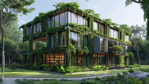 A large building with a lot of greenery growing on it