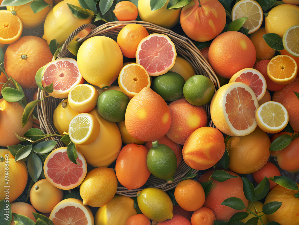 The image showcases the variety and vibrancy of citrus fruits with a classic still life composition.