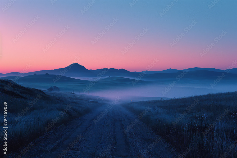 Obraz premium A dawn landscape where the sky is a gradient from deep indigo to soft peach, reflecting the transiti
