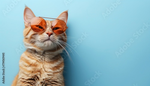 Portrait of funny ginger cat in sunglasses isolated on pastel blue background with copy space