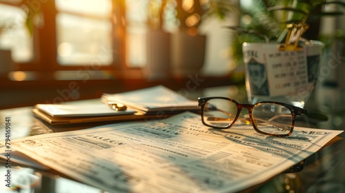 Glasses on top of newspaper with warm lighting