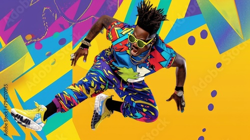 African American man with dreadlocks in a bright multi-colored tracksuit in retro 80s style