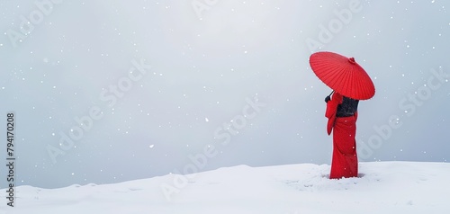 A minimalist depiction of a geisha standing alone in the snow, her red attire creating a stark contrast