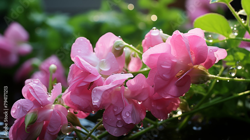 Blooming pea after rain background, wallpaper