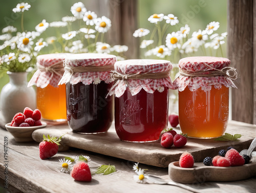 Assortment of summer seasonal berry and fruits jams in small jars, homemade preserving concept, marmalades or confitures with fresh berries jam jar, mix jam, various jams, type jam, different jams. Su
