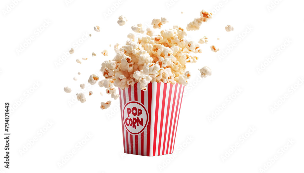 A high-resolution, widescreen of popcorn flying out of a red and white striped popcorn cup on a transparent background