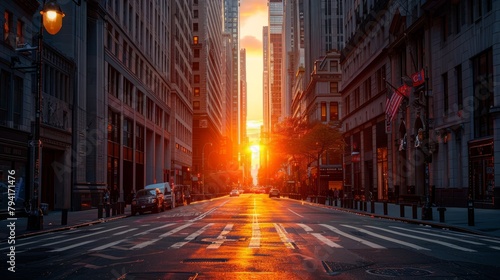 The warm glow of the setting sun casts a golden hue on the towering skyscrapers of a bustling city street.