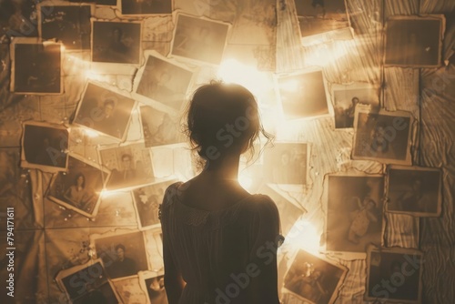 Depiction of nostalgia, a person gazing at old photos surrounded by a warm, sepia-tone aura