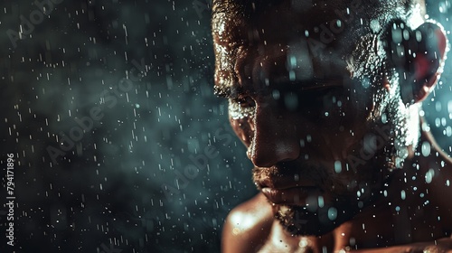Intense portrait of a pensive adult man with water droplets on face photo