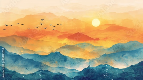 Ethereal sunrise over misty mountain landscape with flying birds