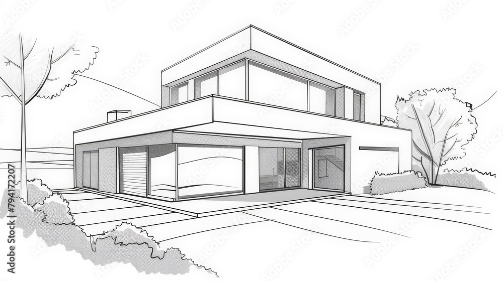 Single minimalist architectural line drawing of a modern house