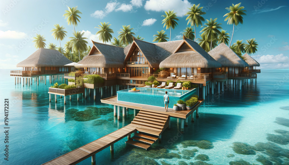 A luxurious resort with overwater bungalows. The bungalows have thatched roofs