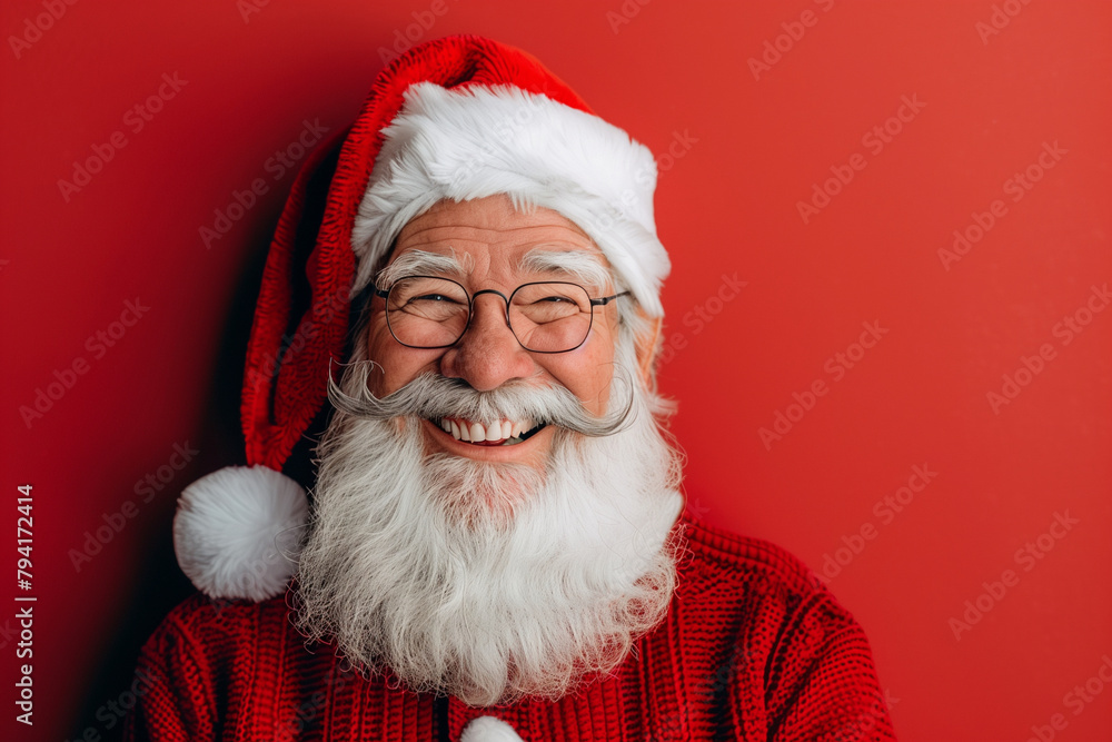 A smiling man in a red Santa hat and glasses. He is wearing a red sweater and has a big white beard A smiling man in a red Santa hat and glasses. He is wearing a red sweater and has a big white beard