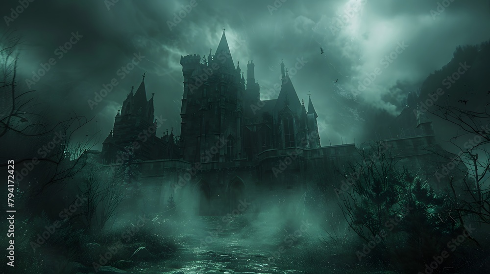 ghostly presence of a haunted castle, with towering turrets and darkened corridors, in high resolution cinematic photography.
