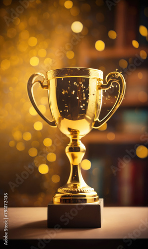 generated illustration of golden trophy cup winner on bokeh background.